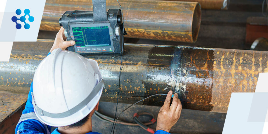 a man wearing a hard hat is using a device that says id on it